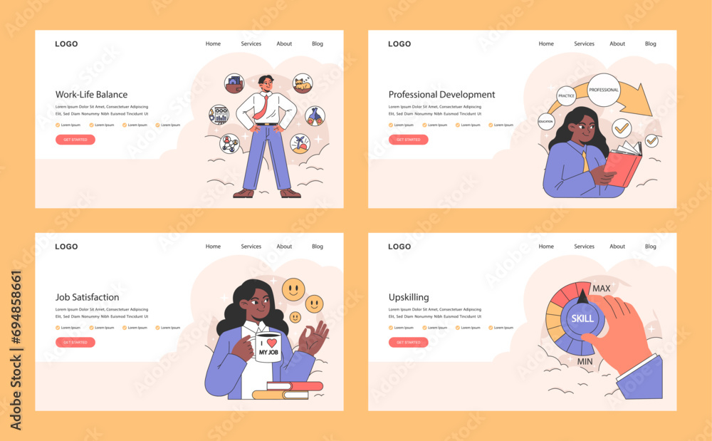 Professional growth web or landing set. Pathways and strategies for career advancement. Diverse business characters developing skills. Mentorship and networking. Flat vector illustration