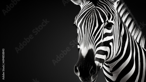 closeup portrait of zebra. Black and white version. Generative AI