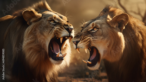Close-up of a Lion and Lioness roaring at each other. Generative AI photo