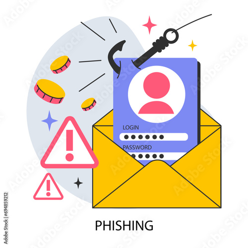 Phishing data theft technology. Cyber attack, hacker stealing personal data and money from digital wallet, device or social network. Flat vector illustration