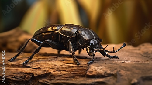 Close up of Atlas beetle (Chalcosoma atlas) on dried leaf, flash fired. Generative AI photo