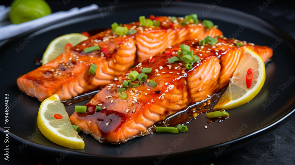 teriyaki salmon fillet baked in an oven served on a black plate with lime wedges. Generative AI