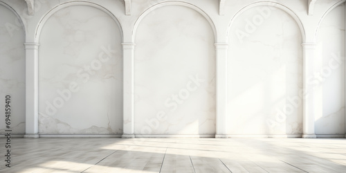 White antic marble wall background. Space for product presentation. Empty interior, window side light. photo
