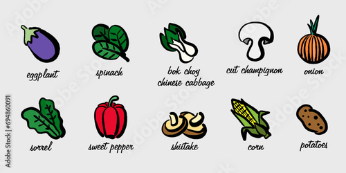 Hand-drawn retro vegetables. Farm eco products. Culinary banner. Educational poster with the names of vegetables photo