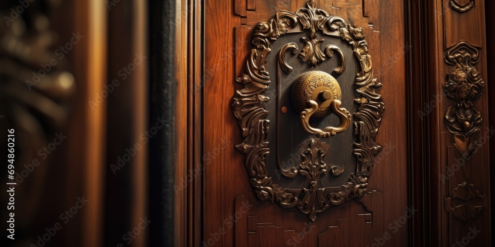 Fototapeta premium Old wooden cabinet with brass handle detail design close up furniture detail ideas concept