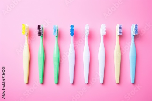 Bright colored toothbrushes on a pink background. Oral hygiene. Dental concept.
