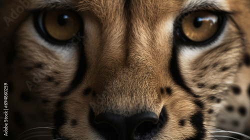Hyperrealistic close-up photograph of the focused eyes of a graceful cheetah