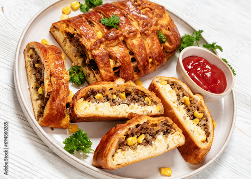 Breakfast Braid with ground beef, eggs, top view