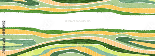 Agriculture farm green banner. Organic abstract field background. Wavy green lines, advertising backdrop, web header. Ecology wallpaper. Striped textured pattern. Panoramic meadow view, abstract hill