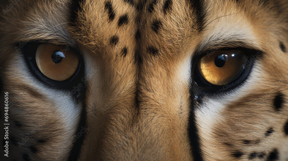 Hyperrealistic close-up photograph of the focused eyes of a graceful cheetah