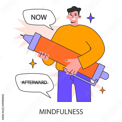 Mindfulness. Male character inner peace. Man living in a moment. Emotional awareness and balance. Flat vector illustration.