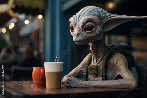 Generative AI portrait of alien sitting in future cafe with large window