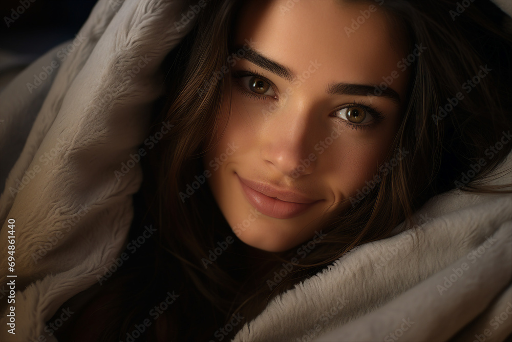 Generative AI close up portrait comfort content concept young person wrapped in warm laundry blanket Generative AI close up portrait comfort content concept young person wrapped in warm laundry blanket