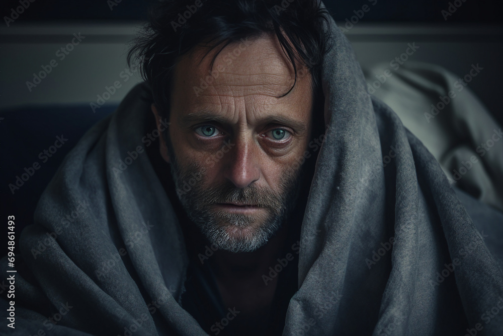 AI generated picture of nice attractive man model wrapped in warm cozy blanket