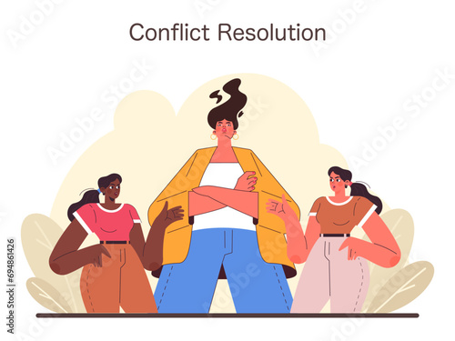 Conflict Resolution concept. A mediator calmly intervening between two individuals in disagreement, guiding towards mutual understanding. Harmony restored through effective mediation. Flat vector
