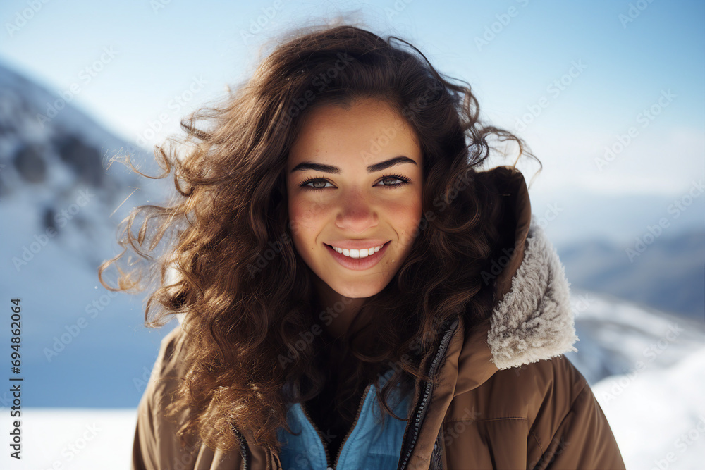 AI generated image of charming woman having fun on weekend activity in ski resort vacation AI generated image of charming woman having fun on weekend activity in ski resort vacation
