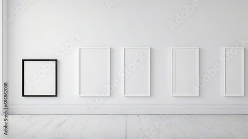 Minimalist Interior with Six Blank Frames on White Wall Above Wooden Floor © Sheharyar