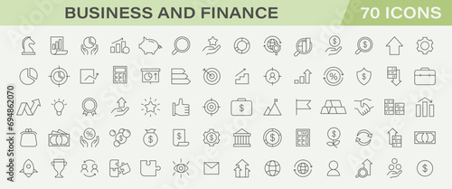 Business and finances line icons collection. Corporate growth, market investment strategy. Profit analysis, global economy trends. Innovative financial solutions, dynamic market analysis.