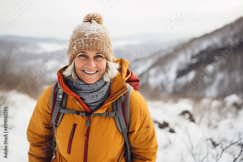 Portrait of professional climber with backpack standing on high snowy mountains on winter day generative AI