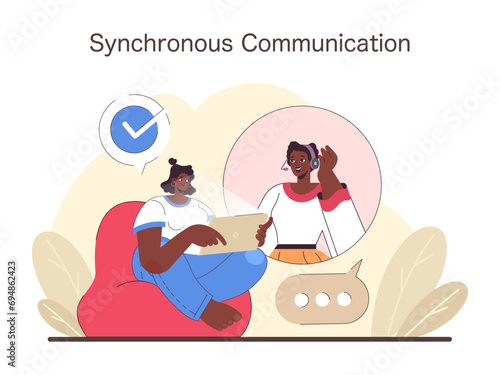 Synchronous communication set. Digital team interaction in real-time, depicted by colleagues in casual work from home settings. Efficient, instant connection. Flat vector illustration