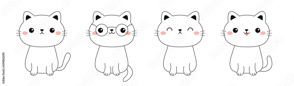 Cat set. Sitting kitten in glasses, sleeping, happy kitty. Face line contour silhouette icon. Funny kawaii smiling doodle animal. Cute cartoon baby pet character. Flat design. White background. - obrazy, fototapety, plakaty 