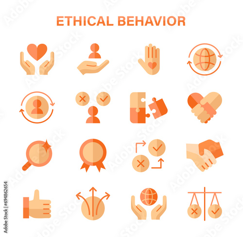 Ethical Behavior set. Principles of integrity and fairness in actions. Trust and responsibility icons. Compassion, global care, justice representation. Flat vector illustration.