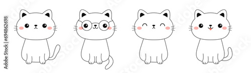 Cat set. Sitting kitten in glasses, sleeping, happy kitty. Face line contour silhouette icon. Funny kawaii smiling doodle animal. Cute cartoon baby pet character. Flat design. White background. photo