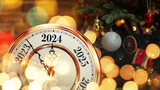 Gold retro clock shows New Year 2024 with golden lights, Christmas tree and vintage toys. Happy New Year and Christmas card
