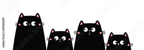 Four black cat set. Peeking kitten family looking up. Eyes, teeth, tongue. Cute cartoon kawaii funny boo spooky pet baby character line banner. Happy Valentines day. Flat design. White background.
