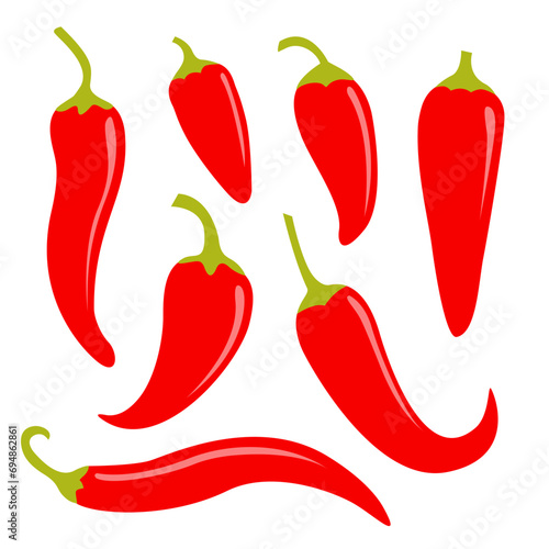 Chili hot pepper icon set. Fresh red chili cayenne peppers. Hot food spices. Sticker print template. Flat design. White background. Isolated.