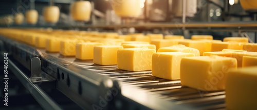 Cheese wheels on production line in dairy factory. Industrial food production. photo