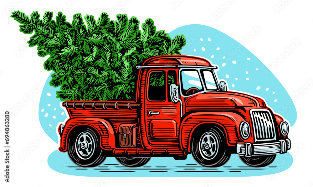 Christmas red retro truck with green pine tree. Vector illustration