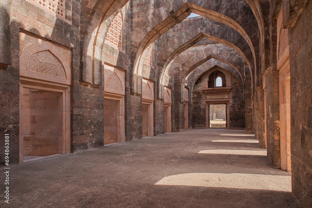 Interior of Hindola Mahal, Mandu, Madhya Pradesh, India, Asia.