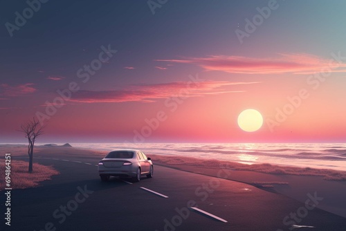 A white car drives off into the sunset along the road to the ocean coast.