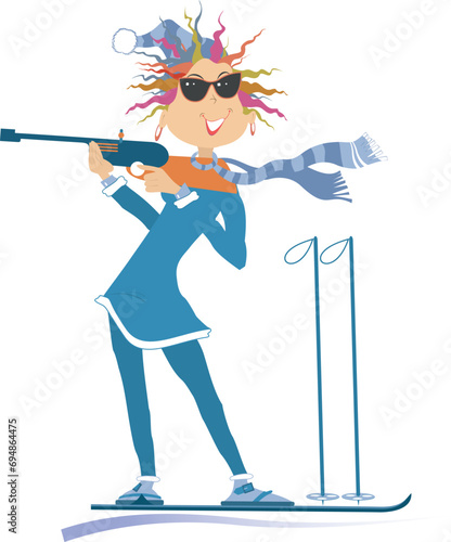 Biathlon competitor woman. 
Shooting in the stand position biathlon competitor woman. Isolated on white background
