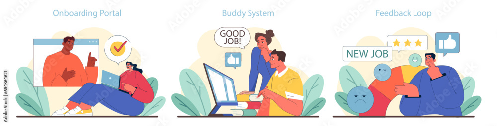Fototapeta premium Onboarding set. Warm welcome to new staff with guiding hands and hearts. Completing the team puzzle. Flat vector illustration.