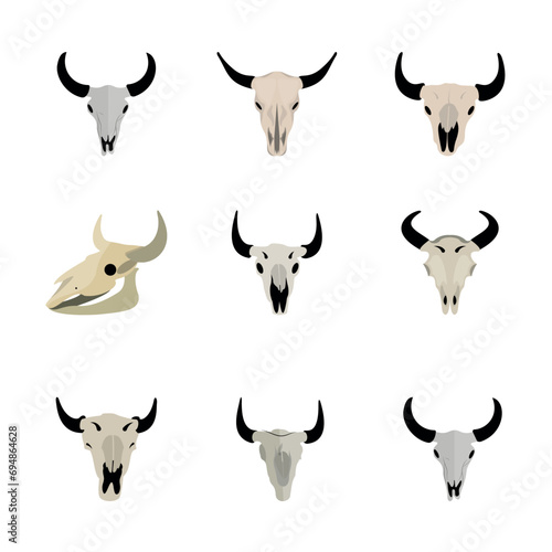 Bison Skull Vector Illustration Set With Isolated Clip Art White Background And Bison Skull Symbol, Head Bone Cow Bull, Art Silhouette, Sketch Drawing Element. 