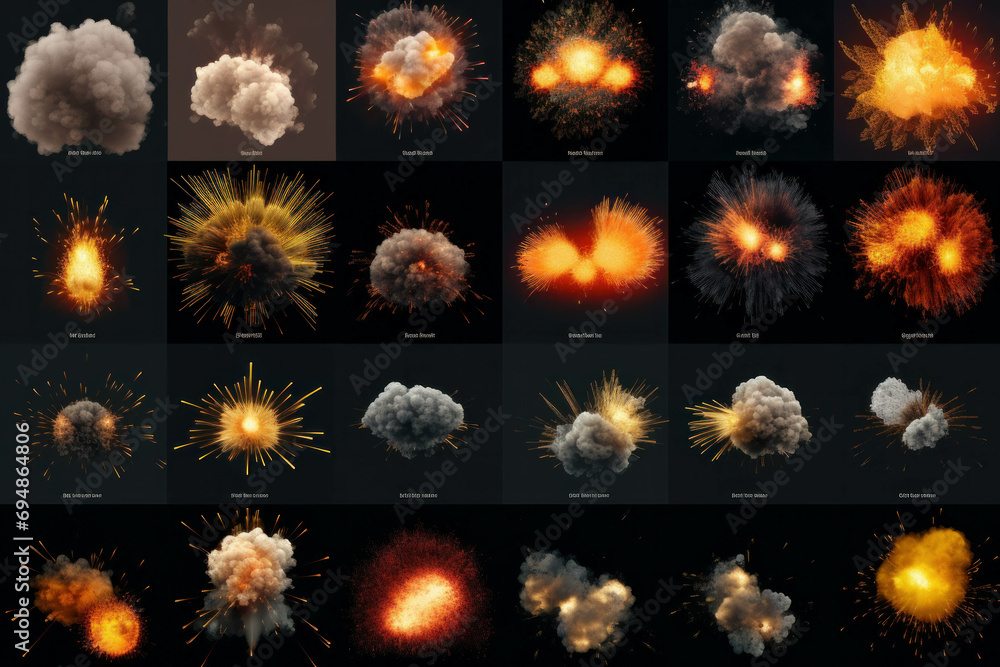 Impactful explosion elements isolated on black fire, smoke, burst, and flare for creative and powerful compositions. ai generative - obrazy, fototapety, plakaty 