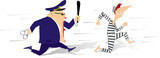 Angry police officer running after a prisoner. 
Male police officer with handcuffs and baton trying to catch up a prisoner
