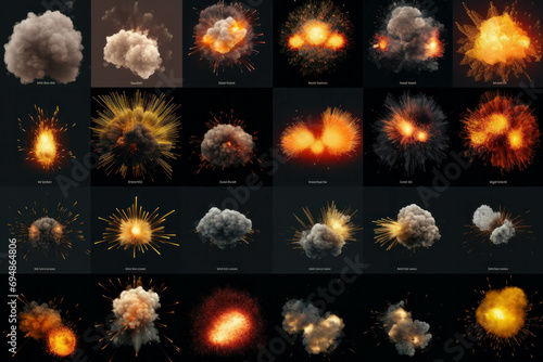 Impactful explosion elements isolated on black fire, smoke, burst, and flare for creative and powerful compositions. ai generative photo