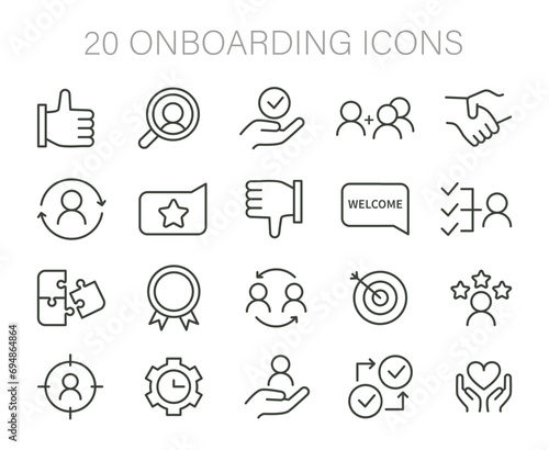 Onboarding icons set. Icons depicting key steps in welcoming and integrating new members. Guidance, support, evaluation, and success in a nurturing environment. Flat vector illustration.