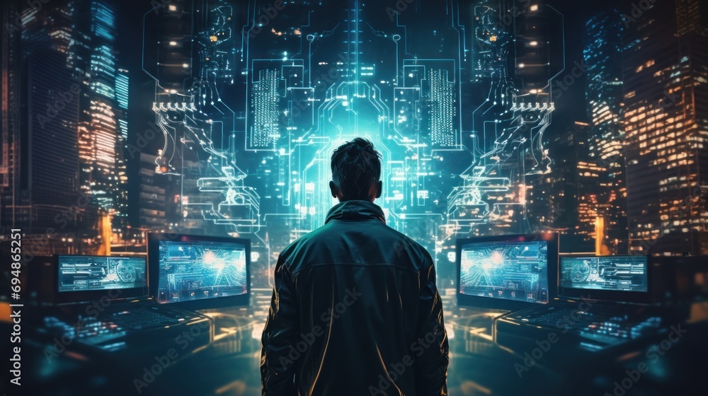 Depict a skilled cyberpunk hacker in a futuristic setting, surrounded by holographic interfaces, intricate code, and virtual reality elements - obrazy, fototapety, plakaty 