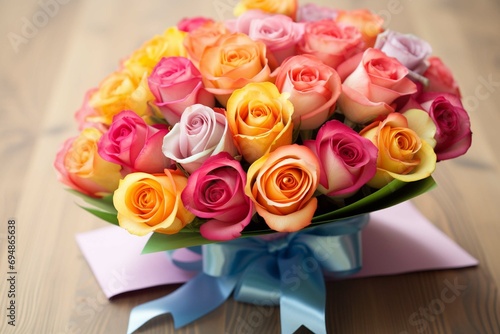 beautiful bright bouquet of colorful roses with white card with the inscription happy birthday  concept of congratulations on the holiday