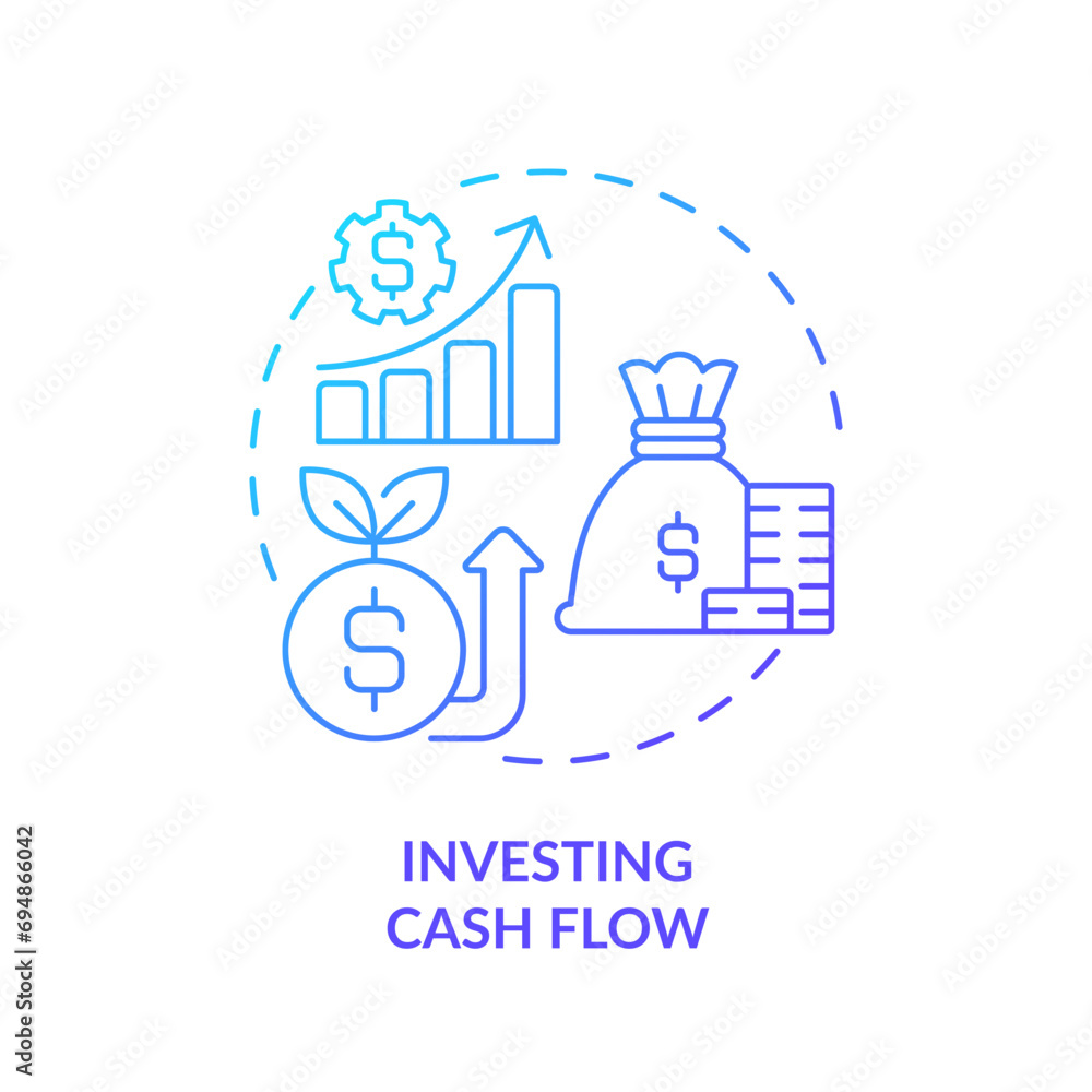 2D gradient investing cash flow icon, simple isolated vector, blue thin line illustration representing cash flow management.
