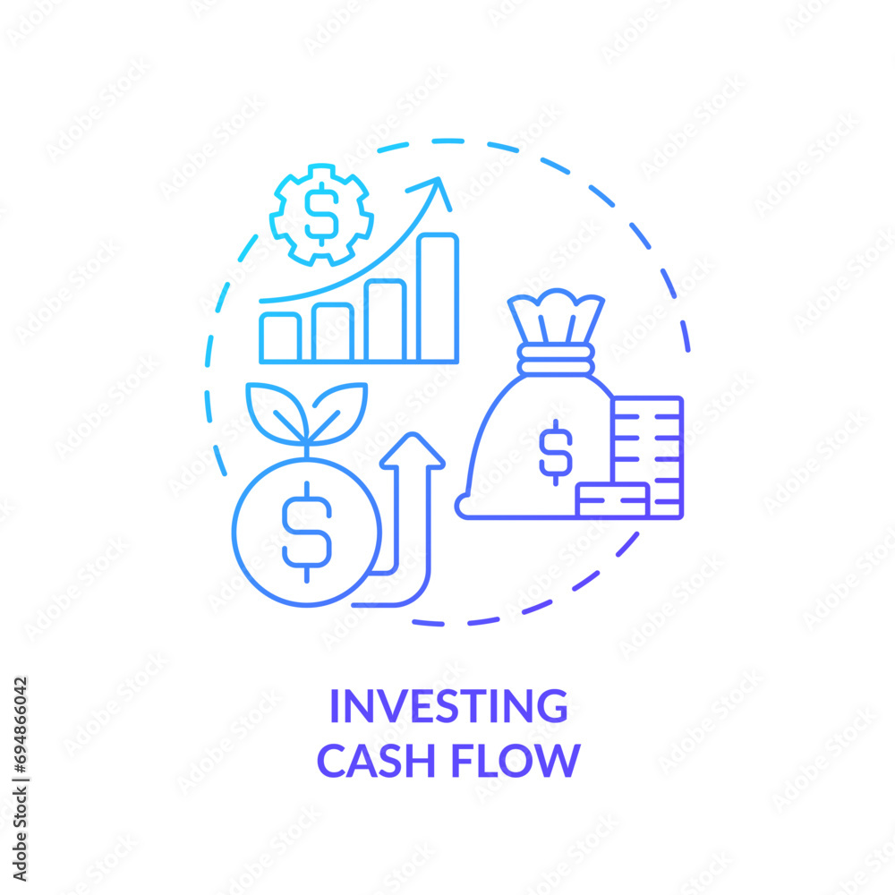 2D gradient investing cash flow icon, simple isolated vector, blue thin line illustration representing cash flow management. 2D gradient investing cash flow icon, simple isolated vector, blue thin line illustration representing cash flow management.