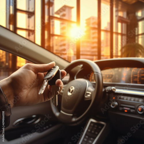 Hand holding car keys in an urban setting, providing a realistic view of modern transportation. Horizontal photography capturing a key moment in technology. ai generative