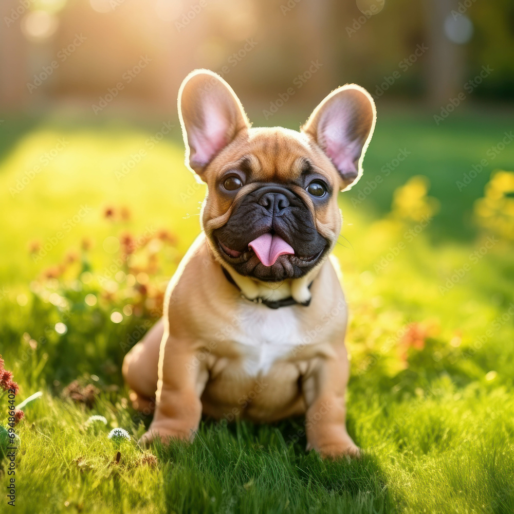 A small, cute French Bulldog on green grass, enjoying the outdoors. Lovely pet with a playful and friendly demeanor, adding joy to your animal photography collection. ai generative