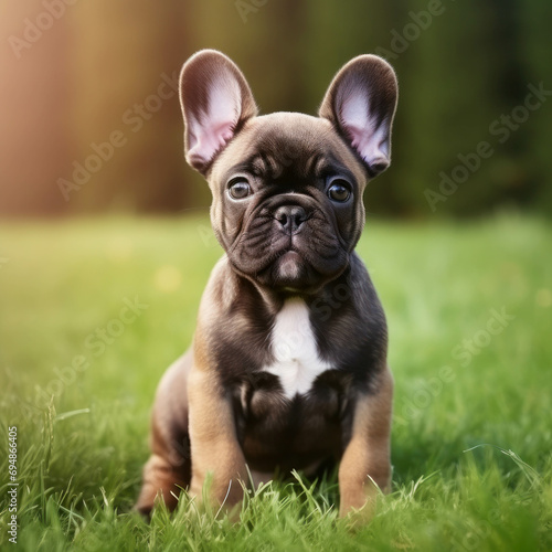 Lovely French Bulldog enjoying outdoor bliss on green grass. Cute pet with a friendly disposition, making it the perfect addition to your animal photography collection. ai generative © tope007