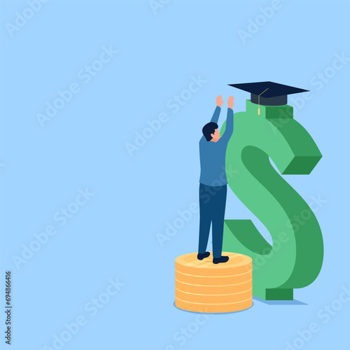 person reaching for graduation cap over money symbol, metaphor of educational scholarship. Simple flat conceptual illustration.
