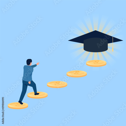 person walking on coins towards graduation cap, metaphor of educational scholarship. Simple flat conceptual illustration.